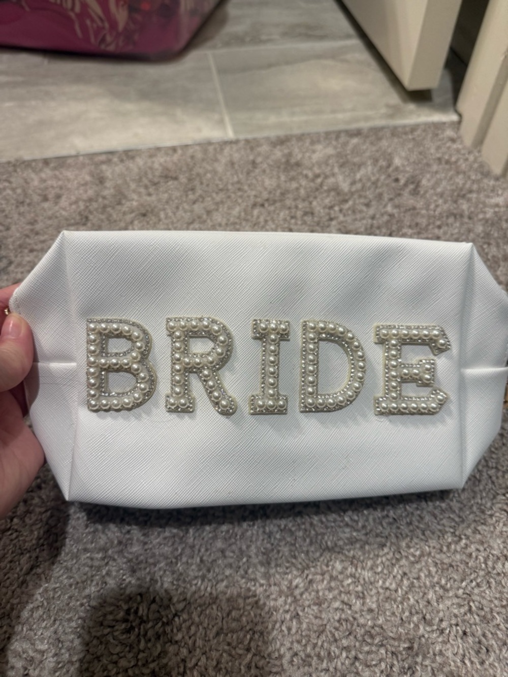 Pearl-Embellished Bride Cosmetic Bag in White